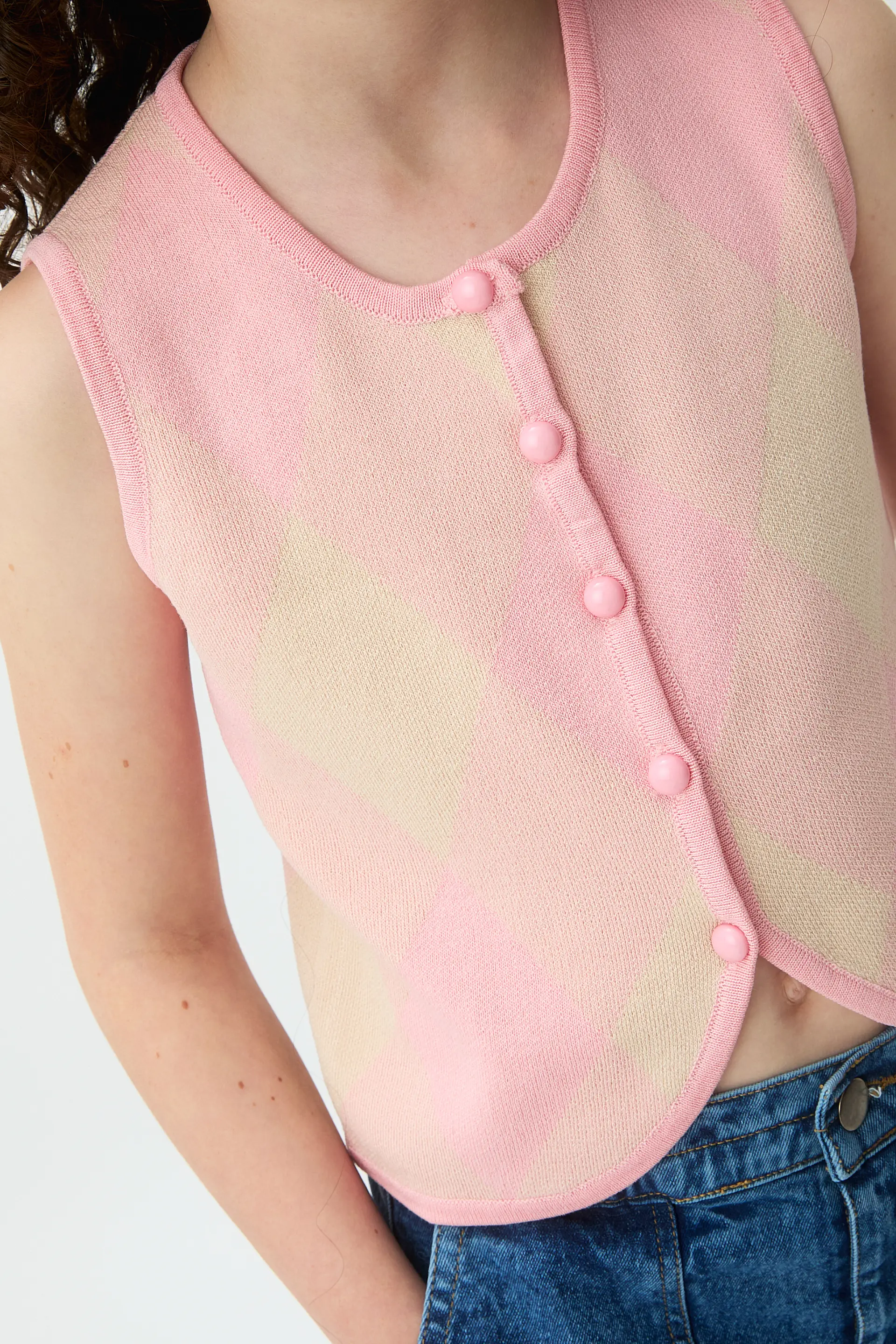 Chaleco de punto jacquard de niña con rombos rosas - Image 3