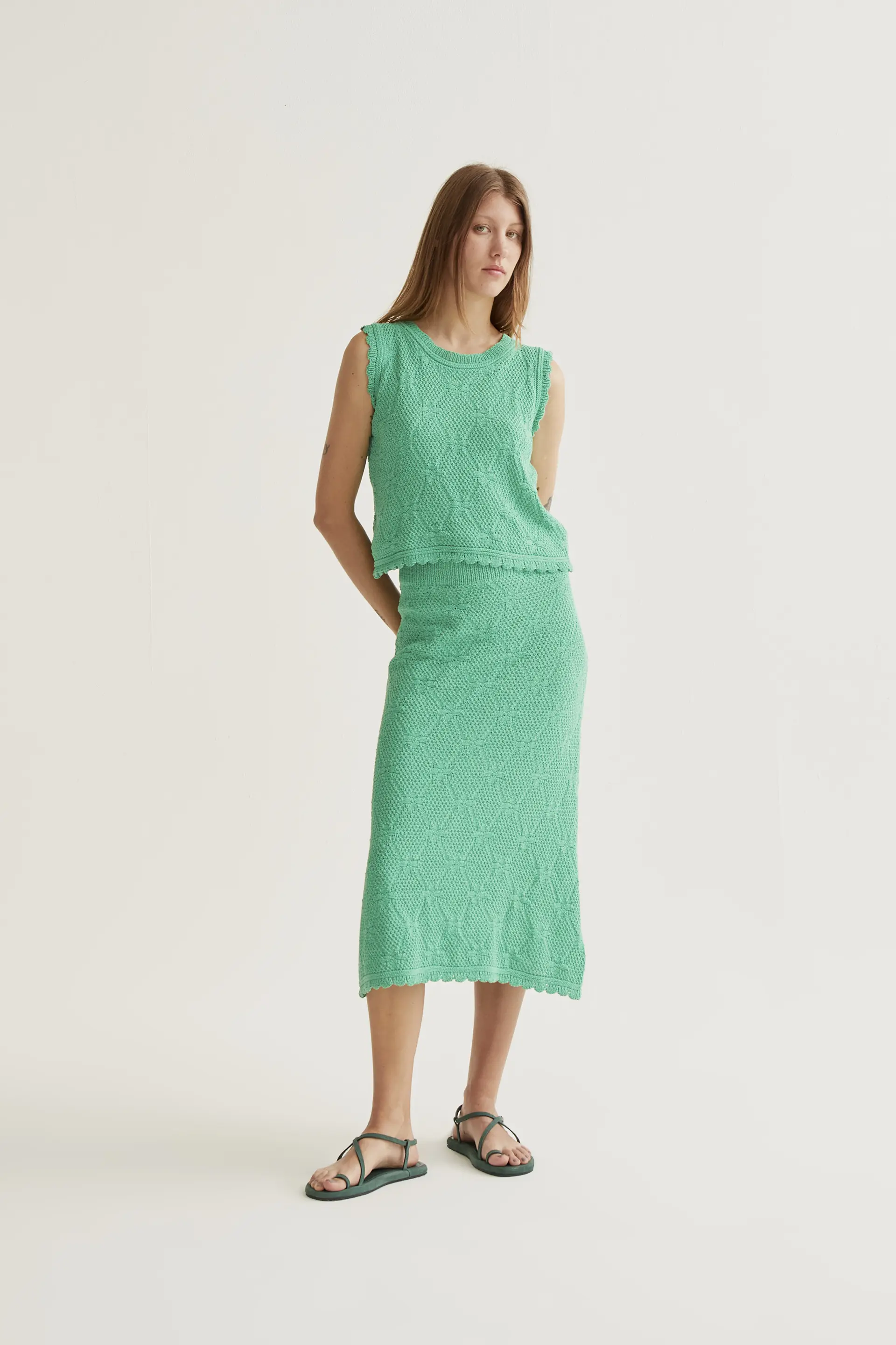 Falda midi con bordado encadenado verde - Image 5