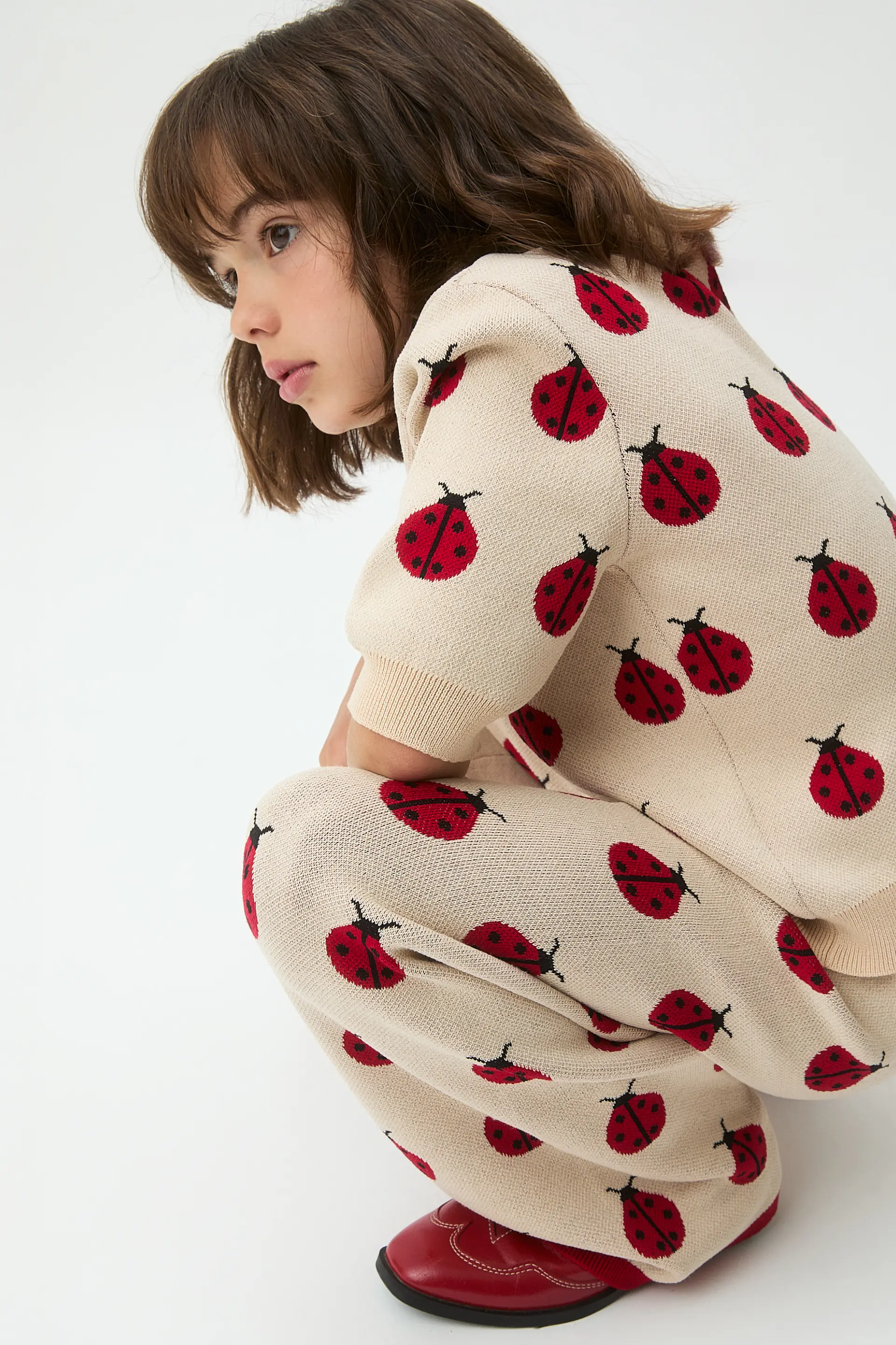 Pantalón punto jacquard de niña con estampado Red Coccinella - Image 4