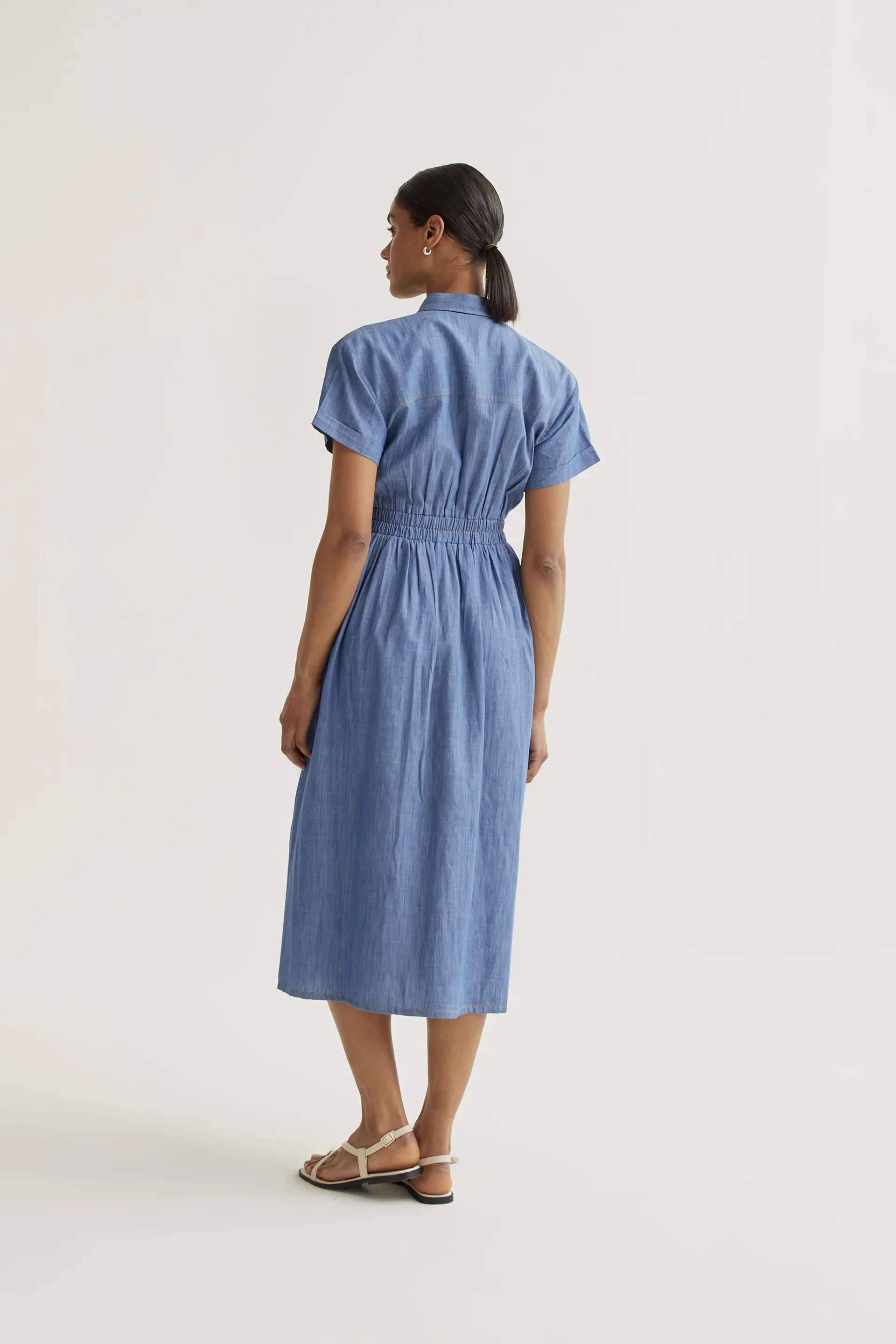 Vestido midi 100% algodón chambray azul claro manga corta - Image 3