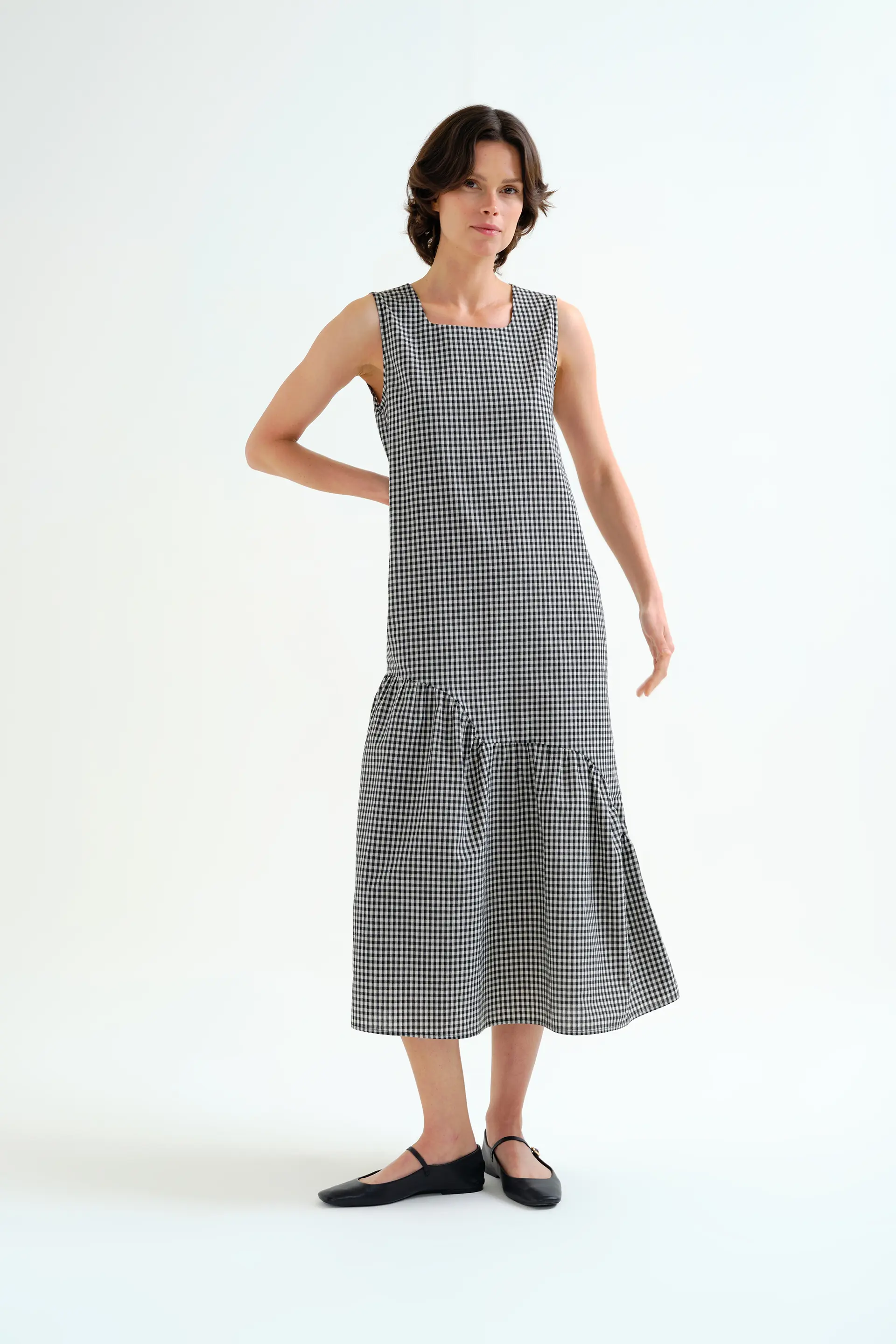 Vestido midi cuadros vichy negro